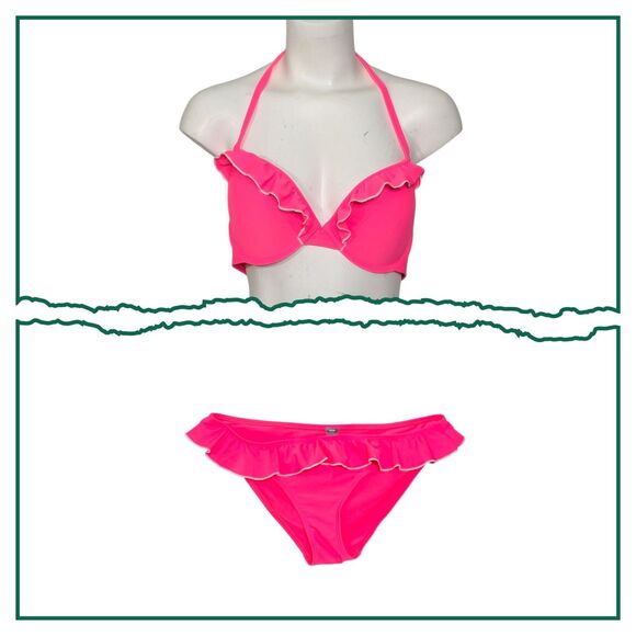 NWOT Aerie Bridget 36D Top Sz Large Bottom Neon Pink 2 Piece Bikini Swimsuit - Picture 1 of 16